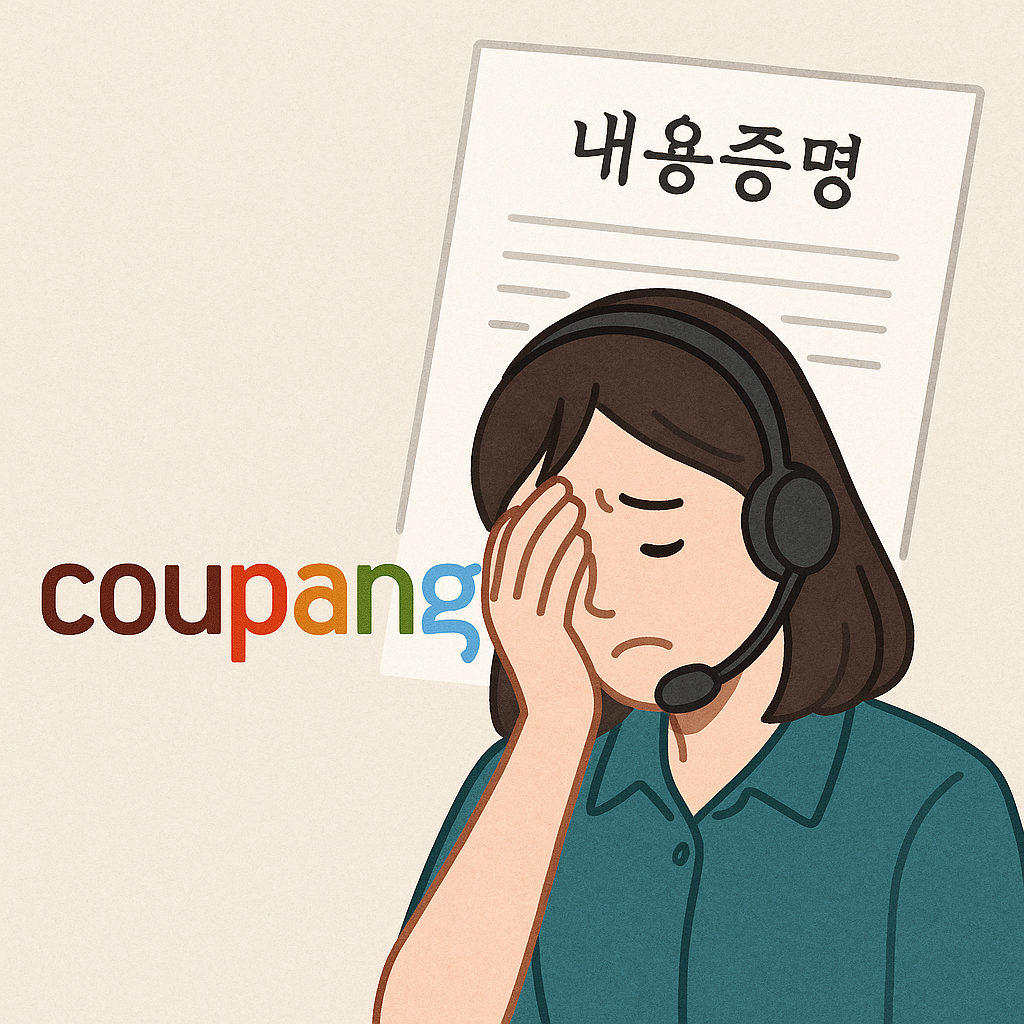 “쿠팡 고객센터 상담원이 헤드셋을 쓰고 고개를 숙인 모습, 뒤에는 내용증명서와 쿠팡 로고가 겹쳐진 이미지”