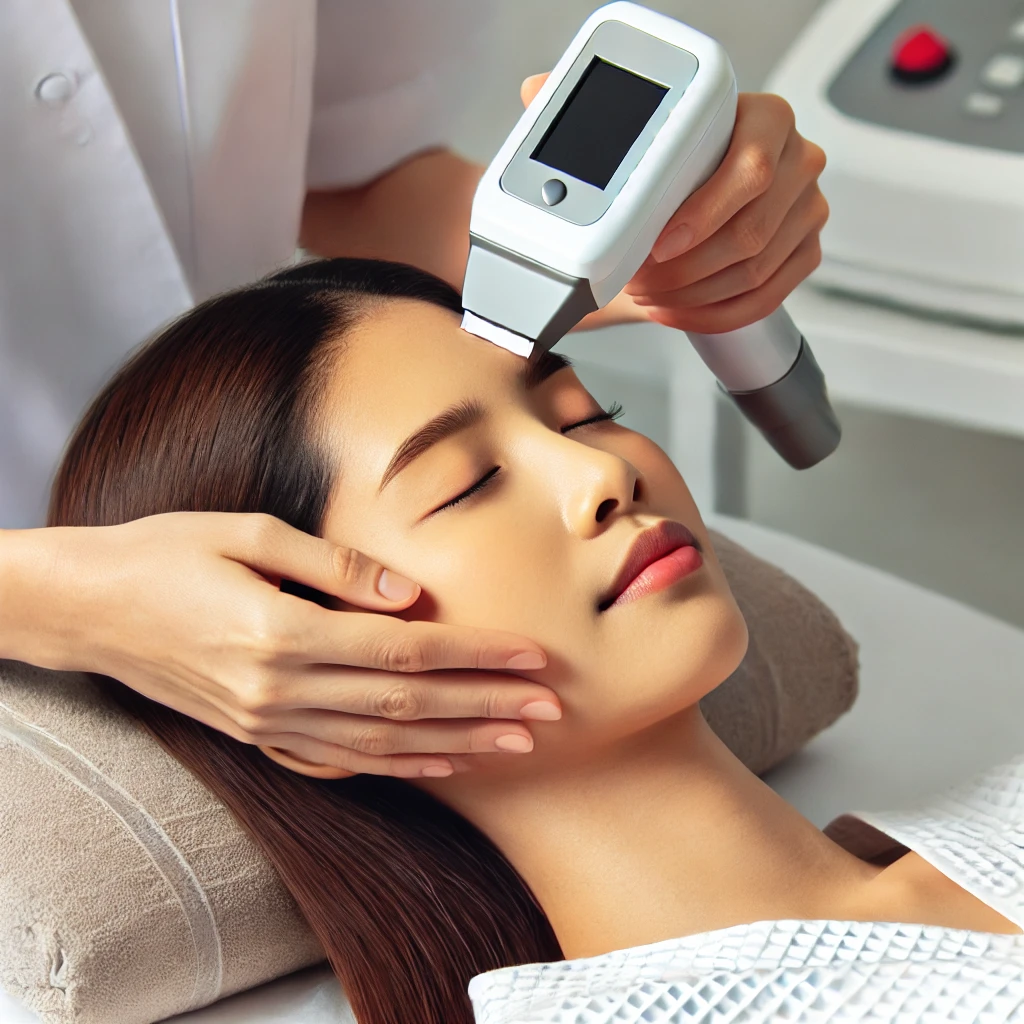 피부과에서 IPL 레이저 시술을 받는 여성의 모습. 의료진이 얼굴에 레이저 장비를 사용하여 피부 톤과 질감을 개선하는 장면.