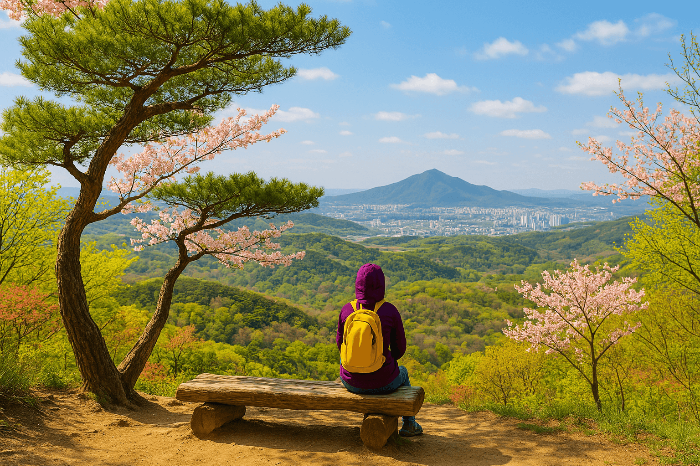 봄산의 정상에서 내려다보는 중