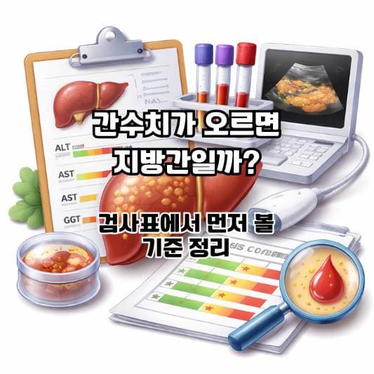 비알코올성 지방간 검사 결과표와 간 수치를 차분히 확인하는 중년의 일상 장면