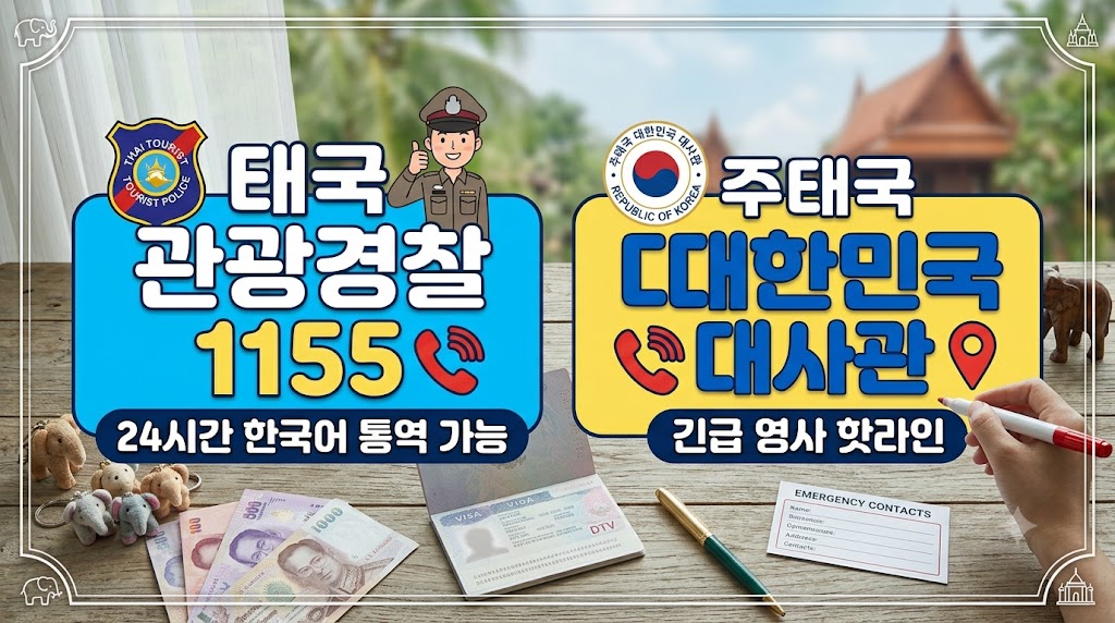 태국 관광경찰 1155 호출 번호와 핸드폰 화면이 놓인 여행 가방