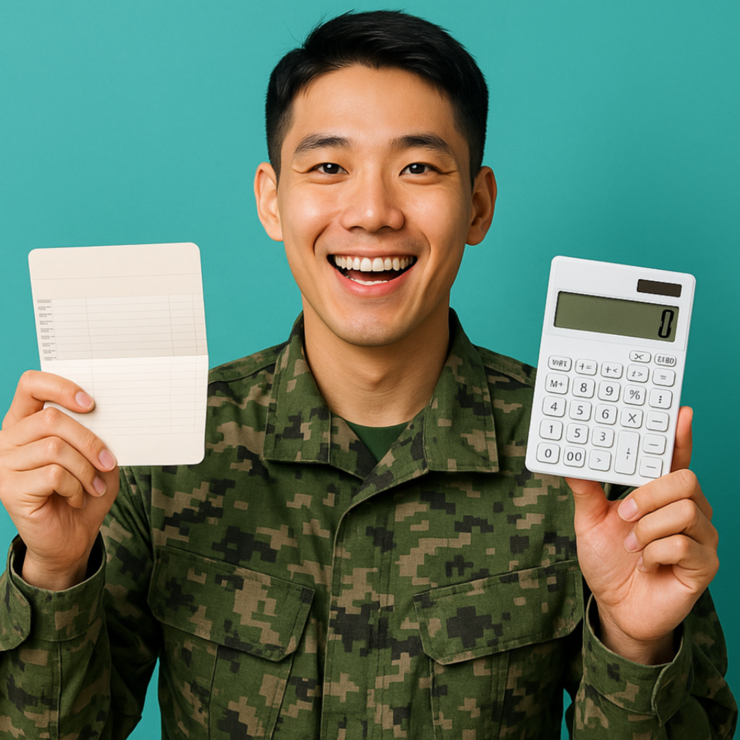 전역을 앞둔 장병이 통장을 들고 밝게 웃으며 서 있는 이미지. 황금빛 동전과 하늘이 배경으로 풍요로운 분위기