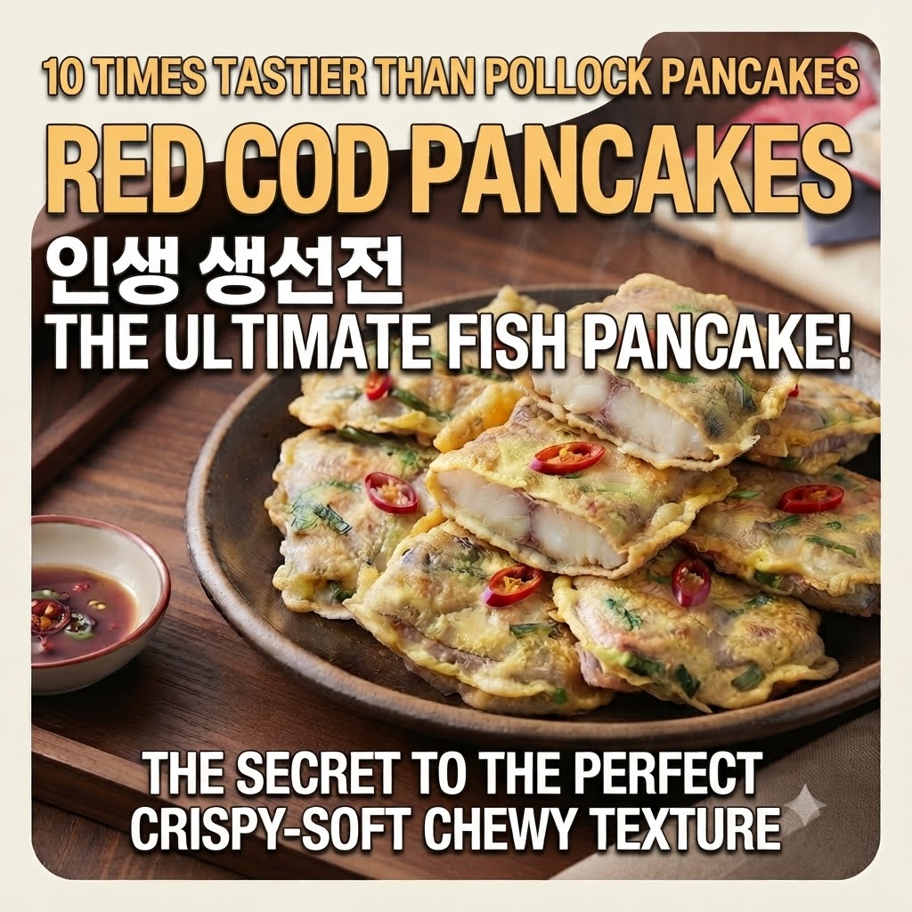 A plate of golden brown pan-fried red cod pancakes garnished with red chili slices, with bold text reading '10 Times Tastier Than Pollock Pancakes - Red Cod Pancakes - The Ultimate Fish Pancake!'
