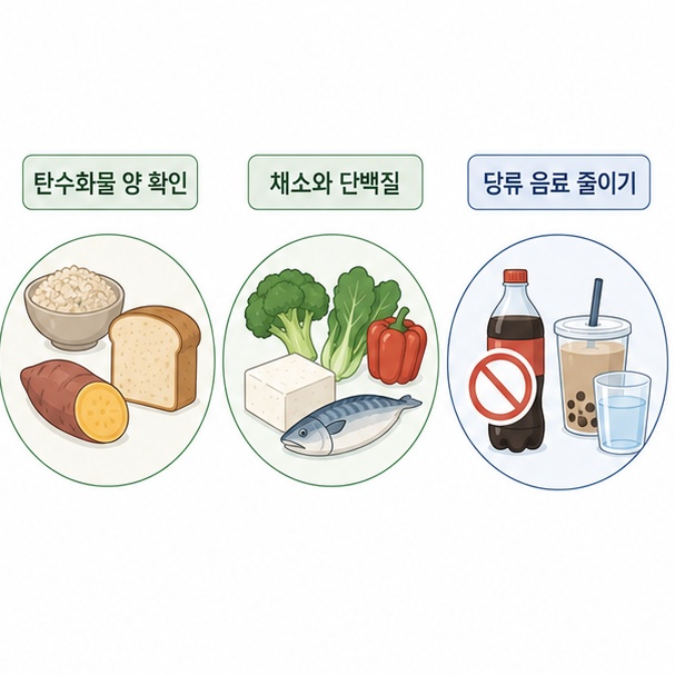 탄수화물 양을 조절하고 채소와 단백질을 포함하며 설탕이 많은 음료를 줄이는 식사 방법을 보여주는 그림
