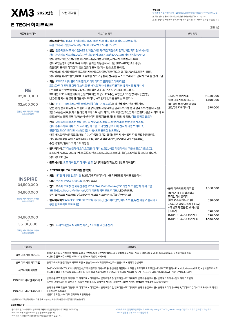 르노코리아 XM3 하이브리드 사전예약 가격표 출처 르노코리아 홈페이지