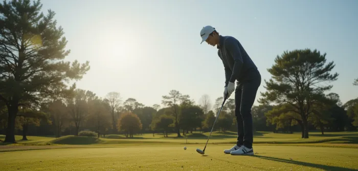 오후 햇살 아래 퍼팅 연습 중인 골퍼