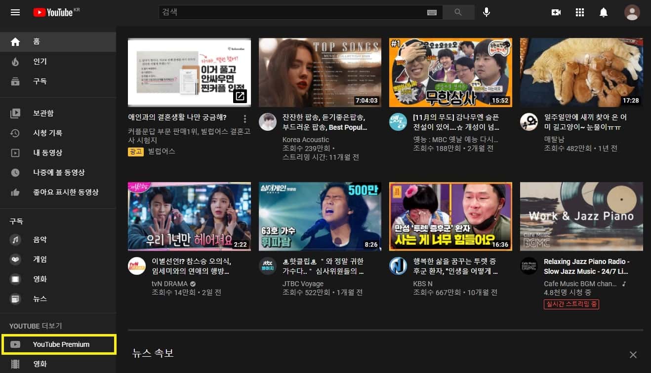 좌측의 유튜브 프리미업 탭