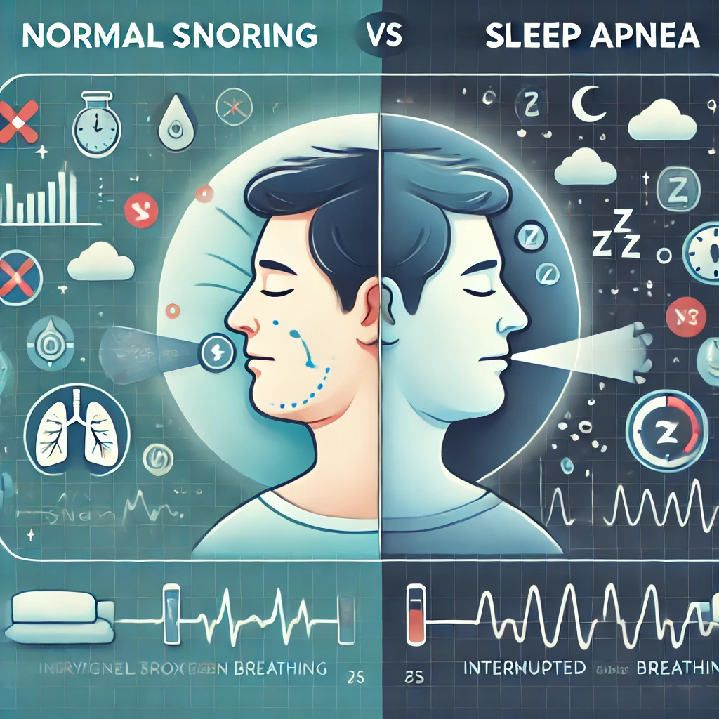 코를 골며 자는 사람과 수면 중 호흡이 멈추는 모습이 대비된 인포그래픽 스타일 이미지
