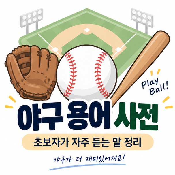 야구 용어 사전과 야구공, 배트, 글러브를 함께 보여주는 초보자용 이미지