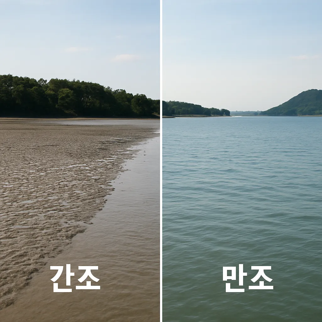 동일 장소의 간조 시 갯벌과 만조 시 바다 풍경 비교