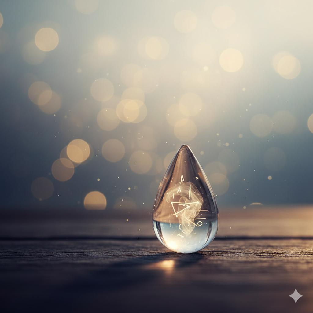 투명한 물방울 안에 흐릿하고 따뜻한 풍경. 기억의 소멸과 보존을 상징하는 추상적인 감성