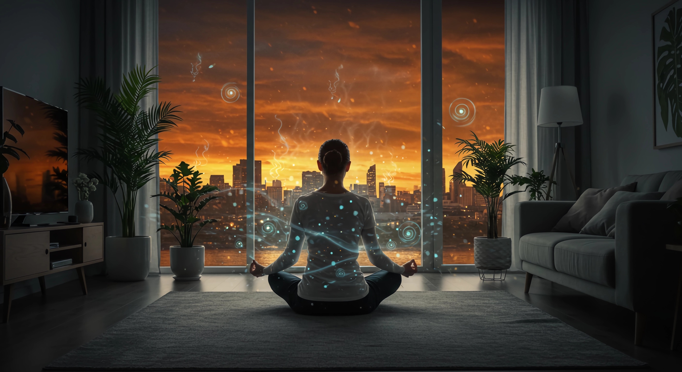 푹푹 찌는 도시의 열기를 등지고, 한 여성이 집에서 아이스 브리딩 명상을 통해 평온함을 찾는 모습