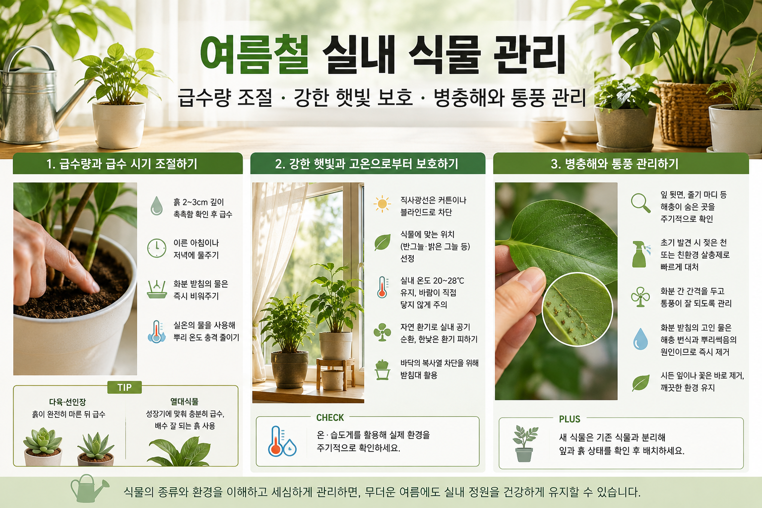 여름철 실내 실물 관리 급수량 조절, 강한 햇빛 보호, 병충해 통풍관리