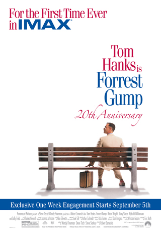 Forrest Gump의 주인공 Tom Hanks가 벤치에서 쉬고있는 모습의 영화 포스터