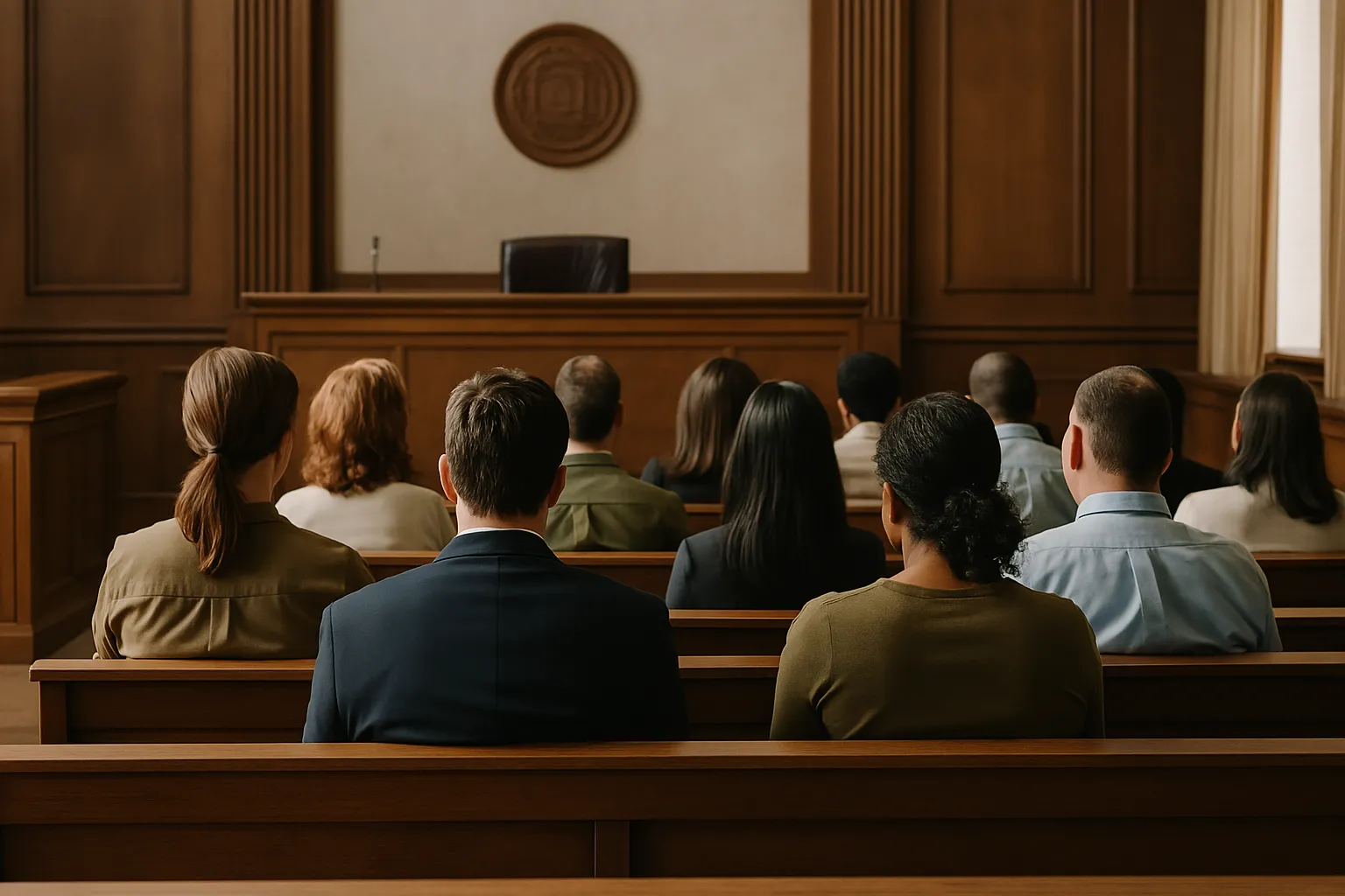 법정 안에 여러 사람이 앉아 있는 모습