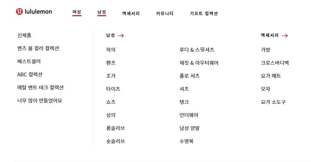 룰루레몬_카테고리
