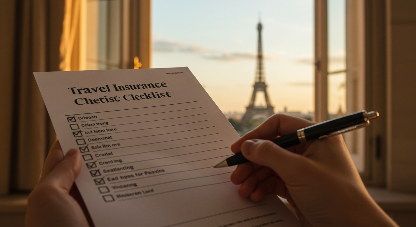 모든 항목이 체크된 여행자 보험 체크리스트와 해외 명소를 배경으로 한 손.