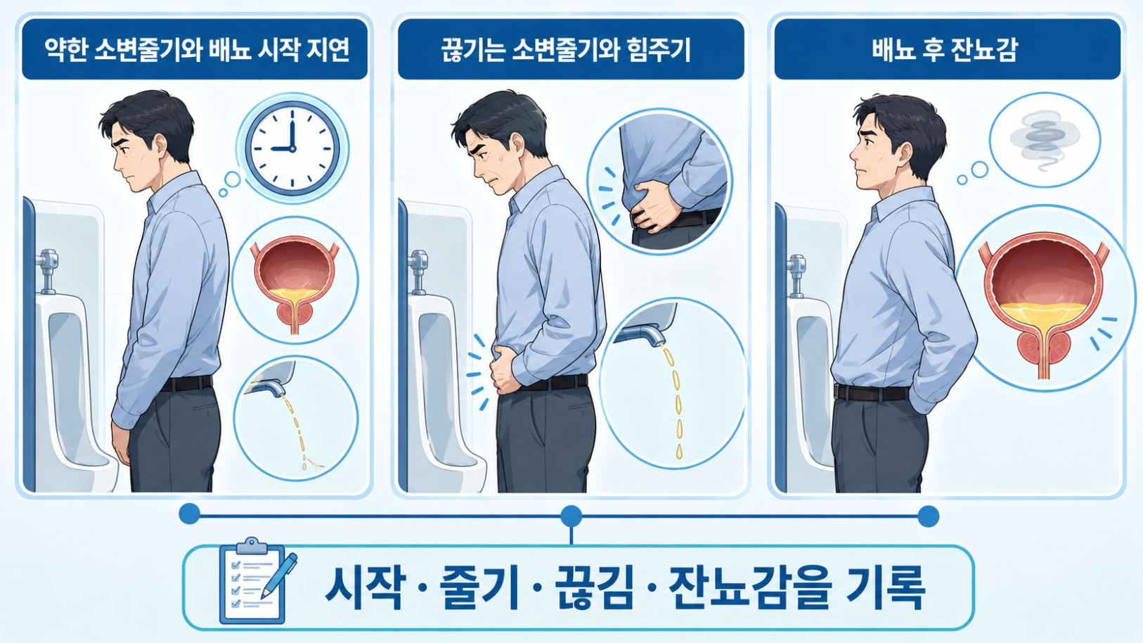 약한 소변줄기와 배뇨 시작 지연, 끊기는 소변줄기와 힘주기, 배뇨 후 잔뇨감