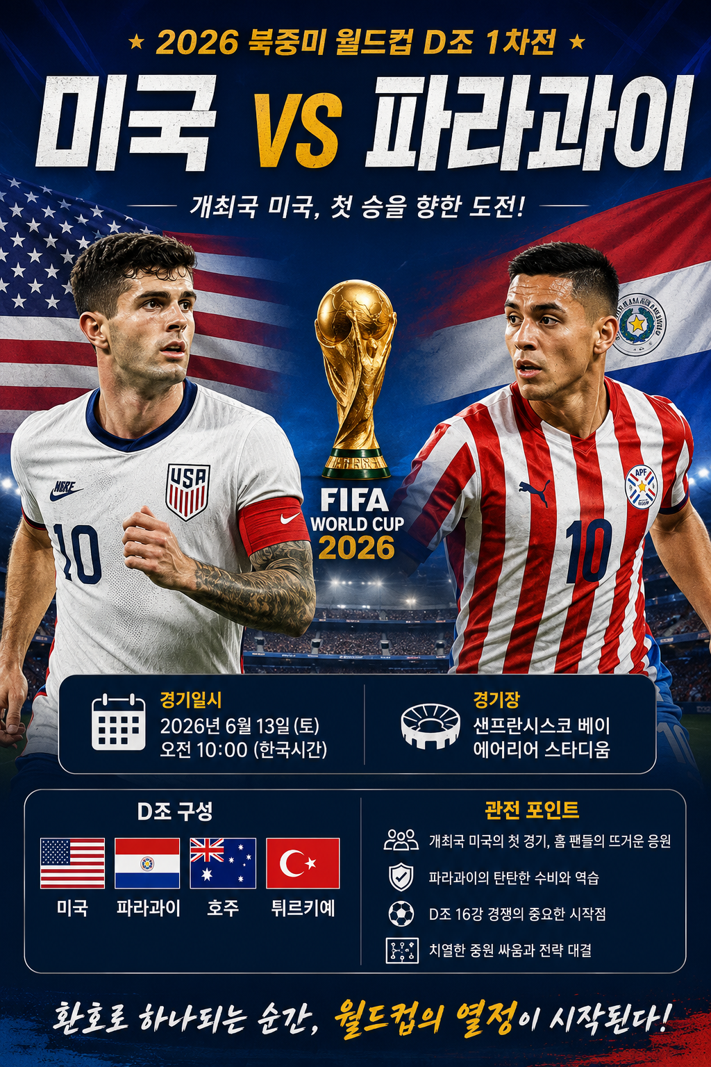 2026 북중미 월드컵 D조 1차전 미국 VS 파라과이 경기 일정