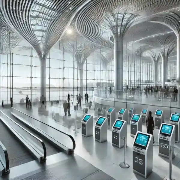 인천공항 제1터미널 출국장 내부, 자동 발권 기기와 공항 이용객 모습