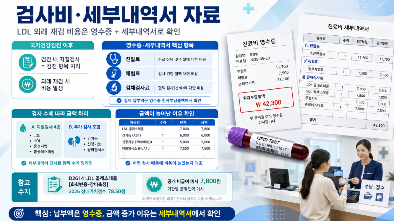 LDL 외래 재검 비용을 진료비 영수증과 세부내역서 항목으로 확인하는 인포그래픽