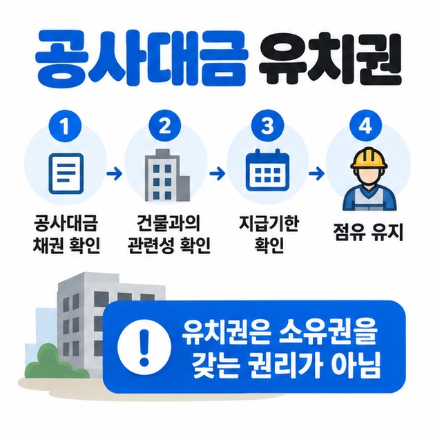 공사대금 유치권에서 채권 존재 관련성 변제기 건물 점유를 확인하는 순서를 보여주는 카드뉴스