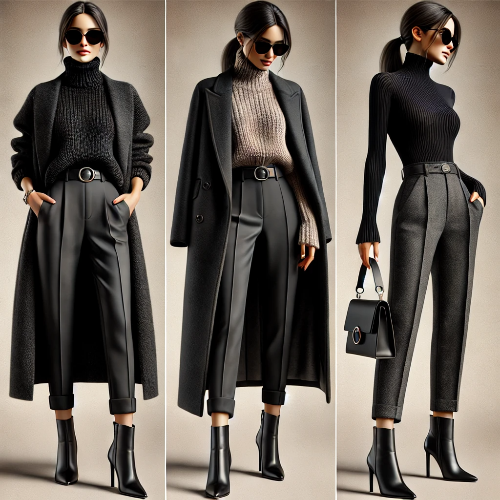 블랙 하이웨이스트 팬츠에 터틀넥 스웨터와 롱 코트