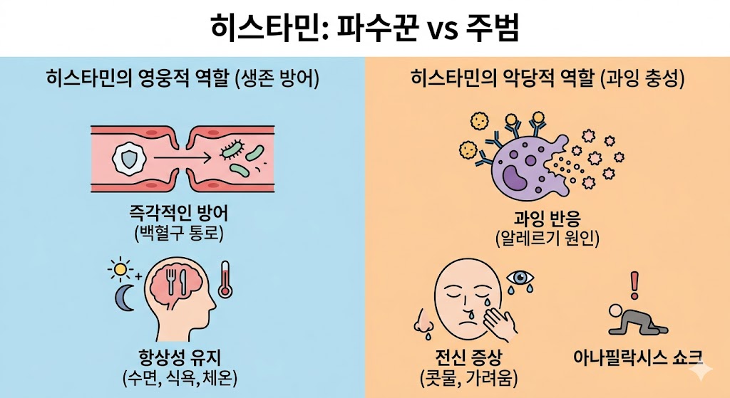 히스타민의 이면성을 대조한 이미지입니다. 좌측은 혈관 확장 등 방어 역할을, 우측은 알레르기 과잉 반응과 쇼크를 유발하는 주범의 모습을 설명합니다. 단순 도식으로 히스타민의 유익함과 위험성을 명확히 대비하여 보여줍니다.