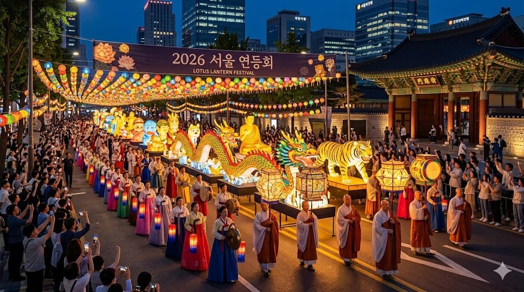 2026 서울 연등회 종로 거리 연등 행렬과 화려한 전통 장엄등 야경
