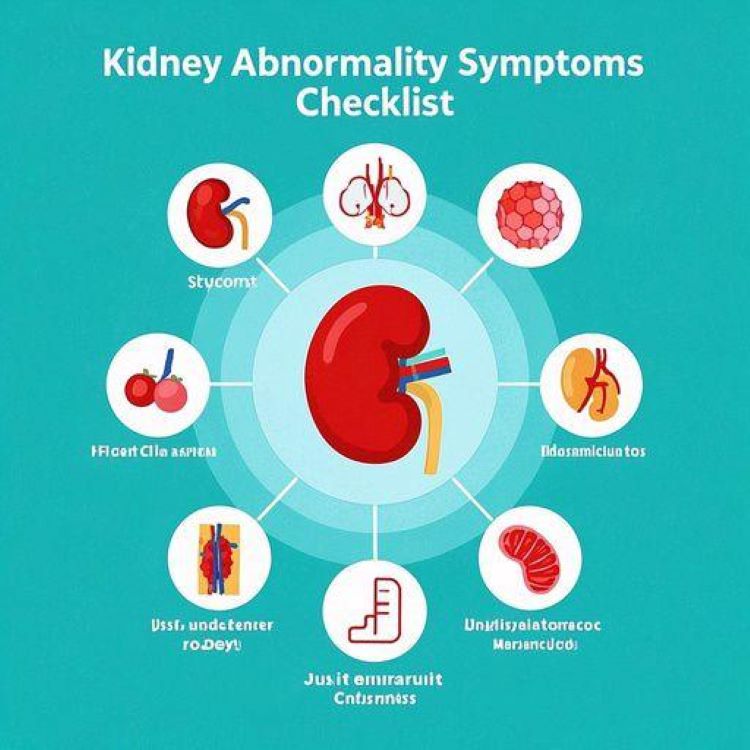 의학적으로 정확한 인체 신장 일러스트가 중앙에 있고, 주변으로 10가지 신장 이상 증상을 나타내는 아이콘들(부종, 소변색 변화, 피로, 고혈압계, 등 통증 등)이 원형으로 배치된 이미지. 청록색과 흰색 의료 테마 색상을 사용하여 신뢰감을 주고, 상단에 "신장 이상 증상 체크리스트"라는 제목이 명확하게 표시됨. 전체적으로 깔끔하고 의학적으로 정확하며 교육적인 느낌의 이미지.