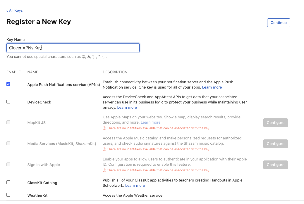 Apple push notification APNs token key