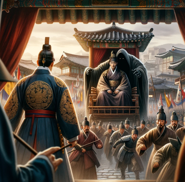 왕이 가마에 앉아 있고 호위무사가 그를 지키는 모습