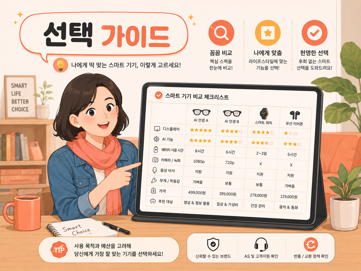다양한 브랜드의 스마트 글래스를 비교하며 나만의 라이프스타일 가이드를 설계하는 일러스트