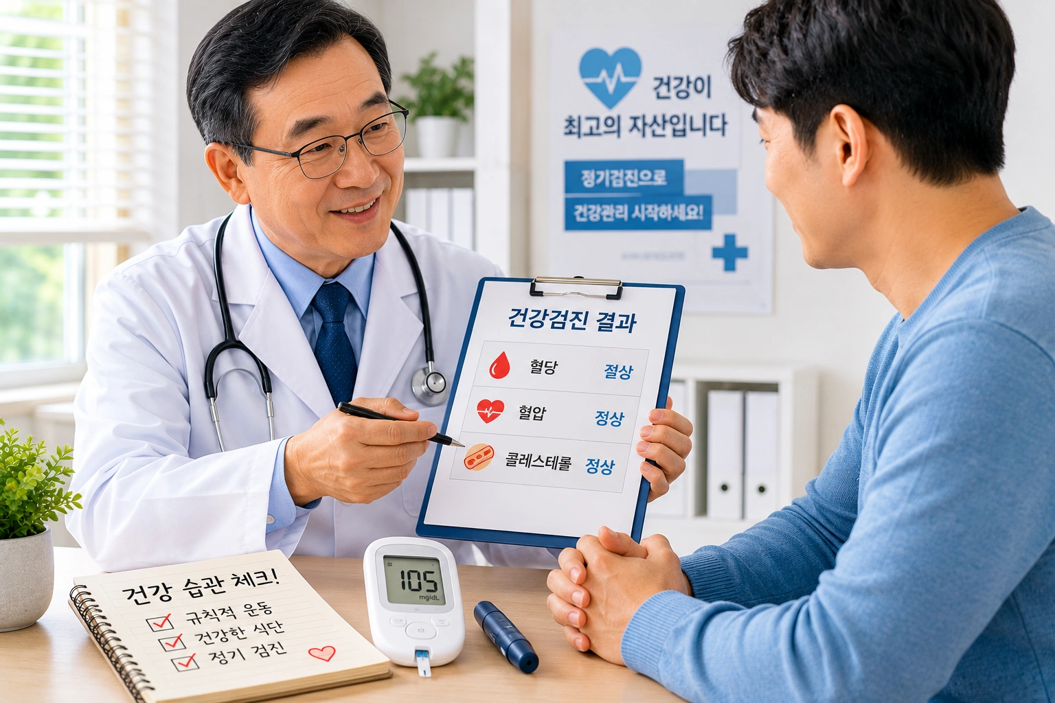 의사와 상담하며 건강검진 결과와 혈당 상태를 확인하는 장면