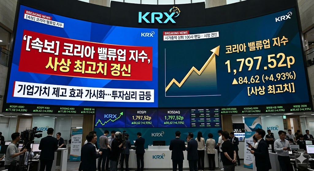 한국거래소(KRX) 전광판에 &lsquo;밸류업 지수&rsquo; 사상 최고치 경신 뉴스가 떠 있는 사진