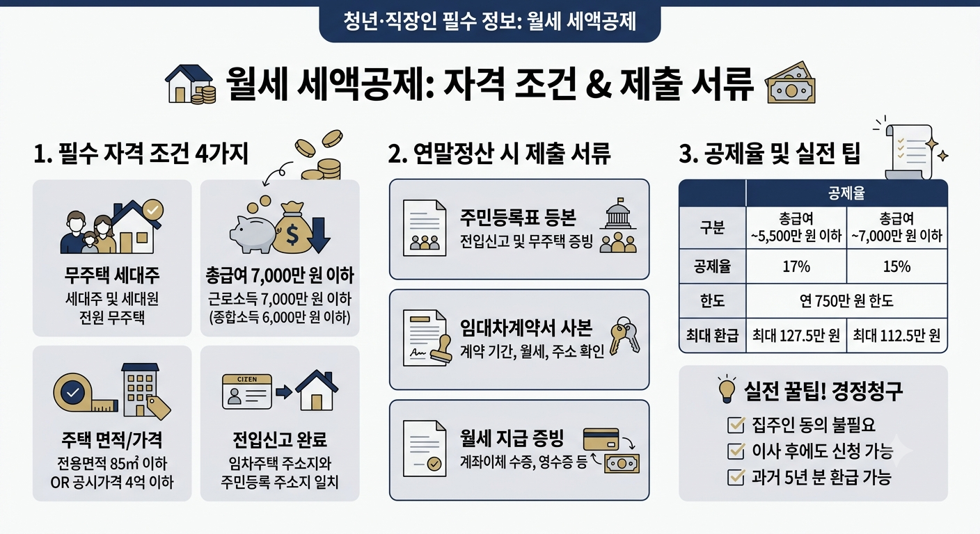 월세 세액공제 자격조건과 필요 서류 및 공제율을 한눈에 정리한 인포그래픽