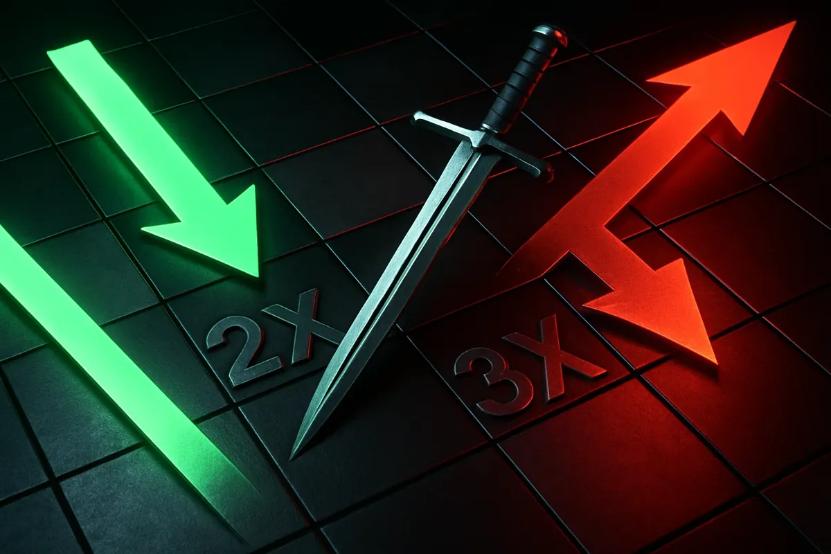 위를 향하는 녹색 화살표와 아래를 향하는 붉은색 화살표가 교차하며 '2X', '3X' 문구가 새겨진 체스판 위에 놓인 '검' 이미지