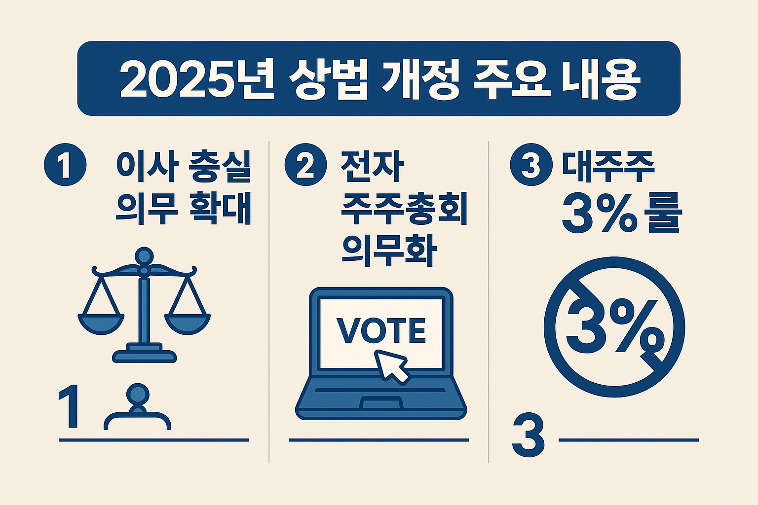 상법개정안의 주요 내용을 시각화한 인포그래픽 이미지. 이사의 충실의무 확대, 전자주총 의무화, 3%룰 등을 번호별로 간결하게 표현