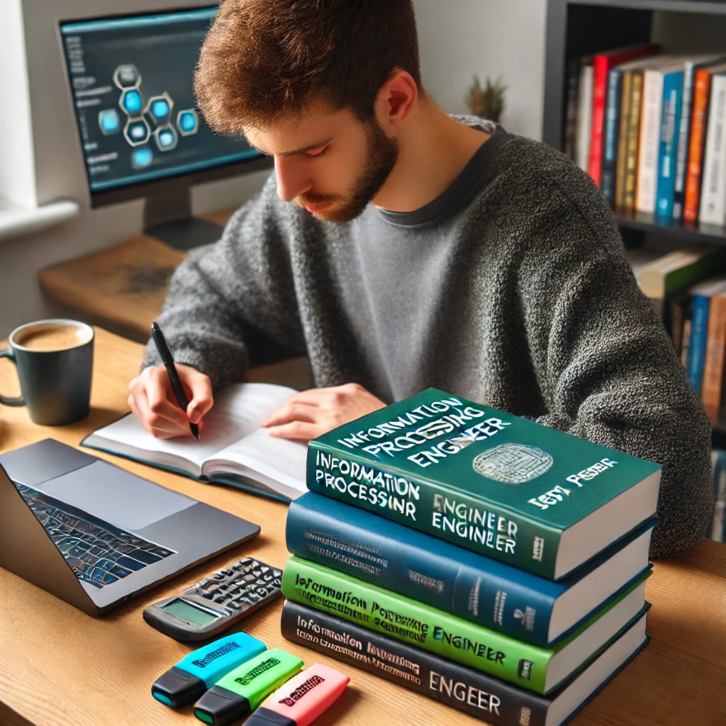 책상에 추천 도서를 쌓아두고 정보처리기사 시험을 준비하며 노트 필기와 학습에 집중하는 학생