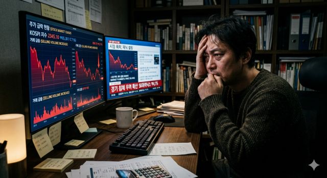 코스피 폭락과 환율 상승 상황에서 투자 판단을 고민하는 개인 투자자 모습