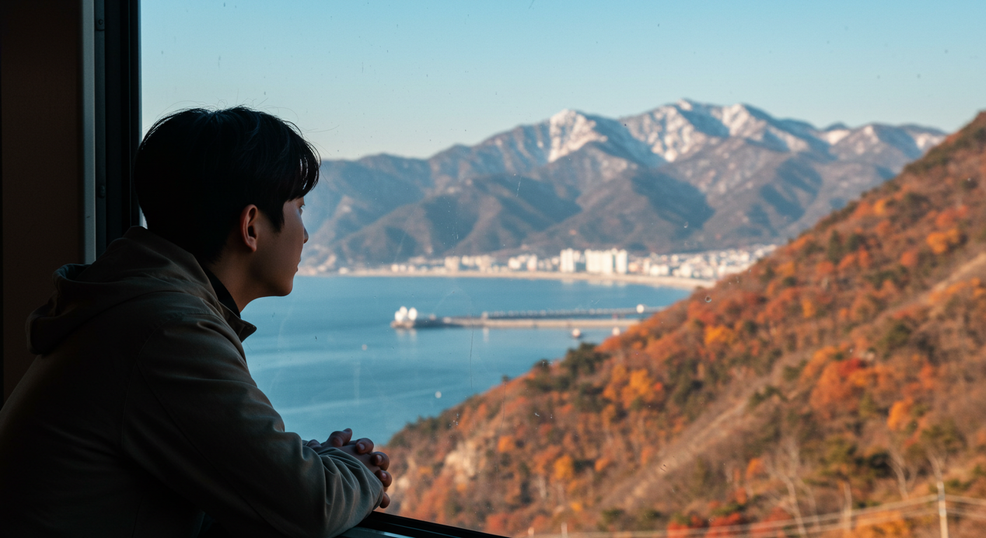 기차 창밖으로 강원도의 계절 풍경을 바라보는 한국인 여행객.