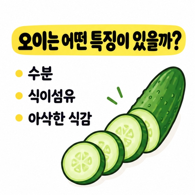 오이의 수분과 식이섬유, 아삭한 식감을 간단한 아이콘으로 정리한 카드