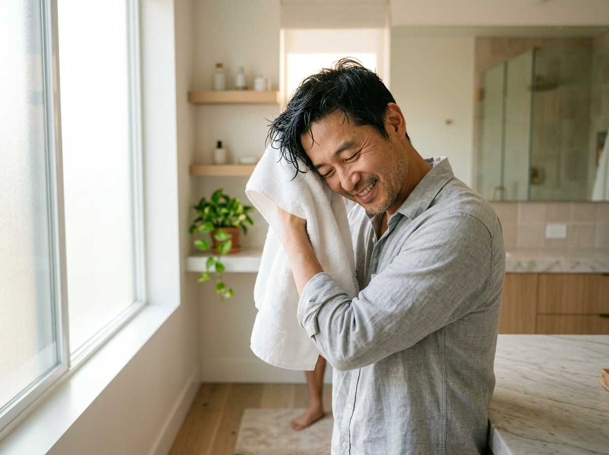 한국인 남성이 밝은 욕실 창가에서 수건으로 머리를 가볍게 누르며 말리는 모습