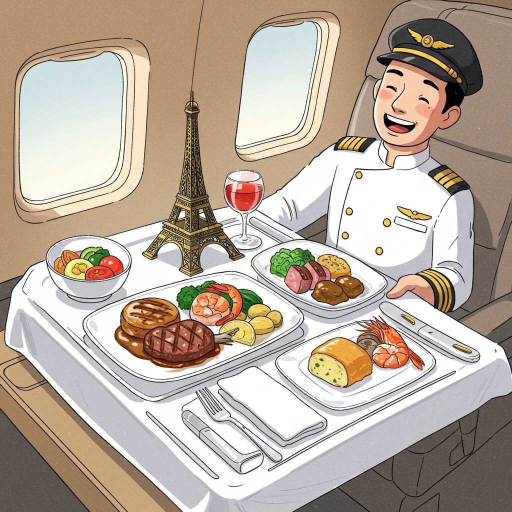에미리트 항공 기내식 종류 및 사전 신청, 파일럿 모자를 쓴 셰프가 에미리트 항공 퍼스트 클래스에서 캐비어를 서빙하는 유쾌한 일러스트, 고급 기내식 콘셉트