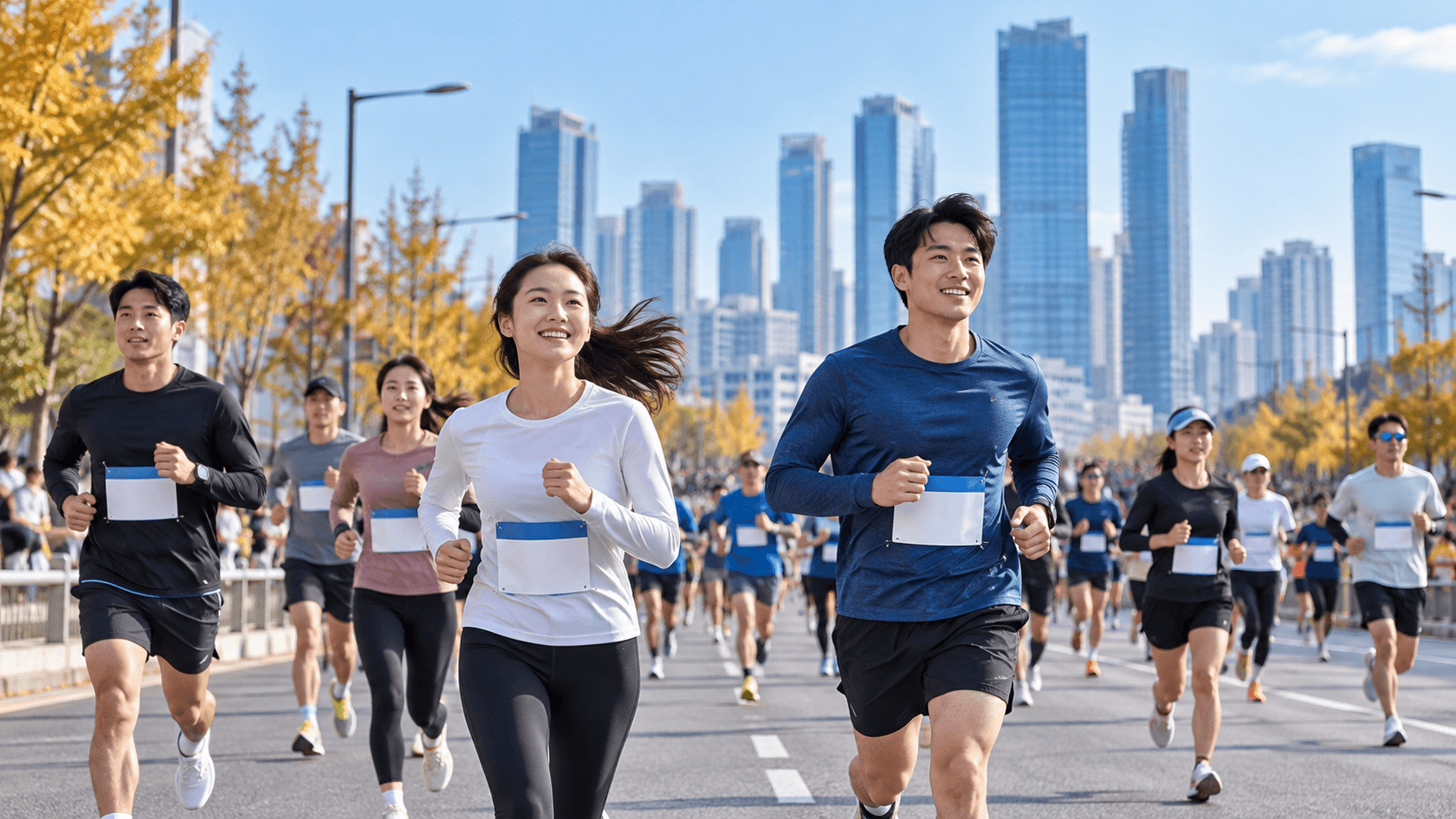 가을 도심 도로를 함께 달리는 마라톤 참가자들의 모습을 표현한 AI 생성 이미지.