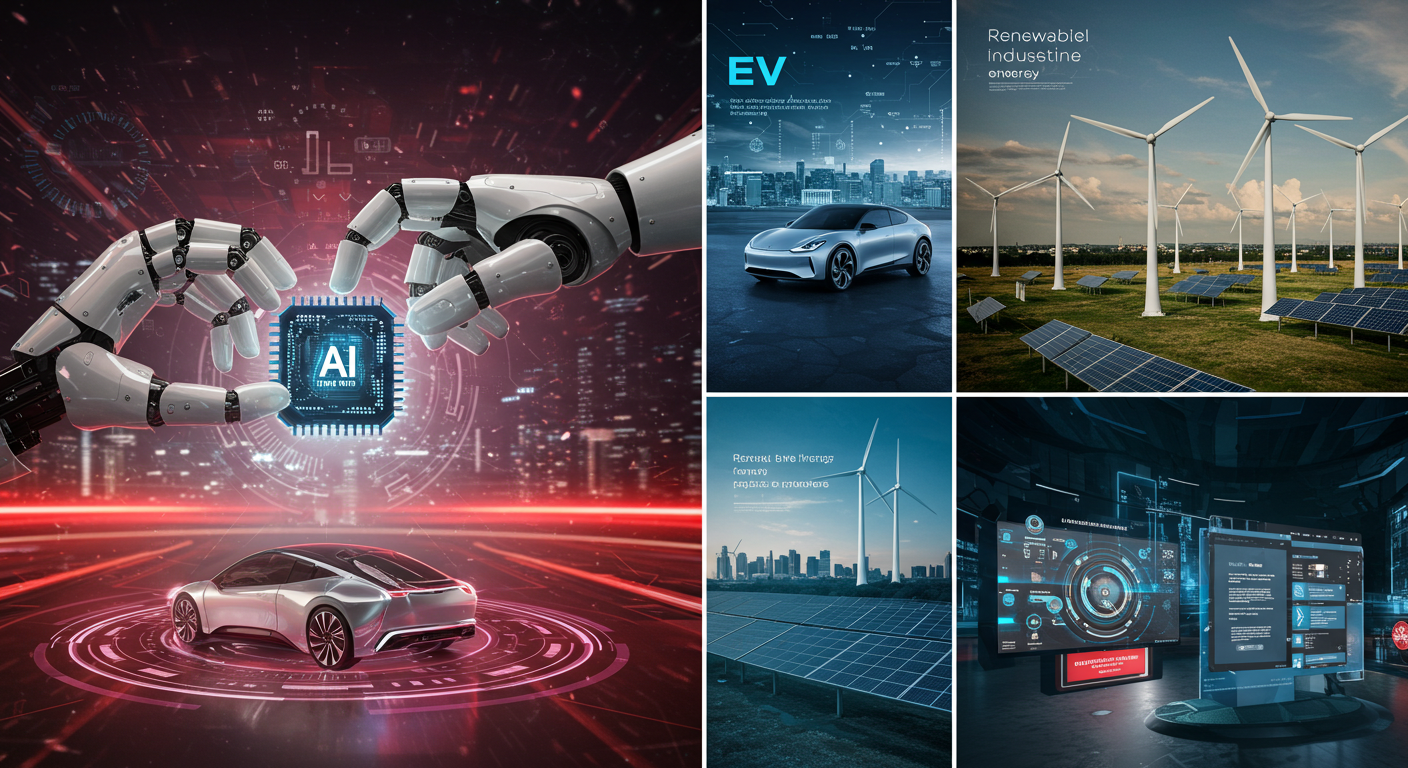 중국 AI, 전기차, 신재생에너지 등 핵심 산업을 나타내는 이미지 콜라주
