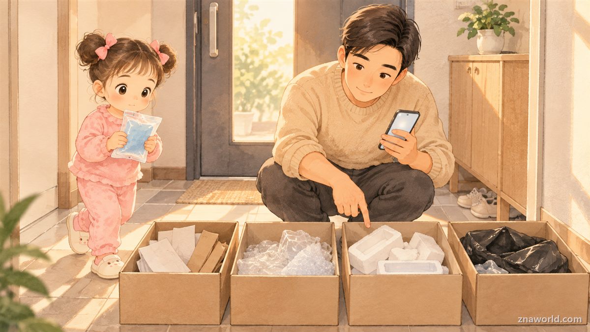 현관에 상자 네 개를 놓고 명절 쓰레기를 분류하는 아이와 아빠