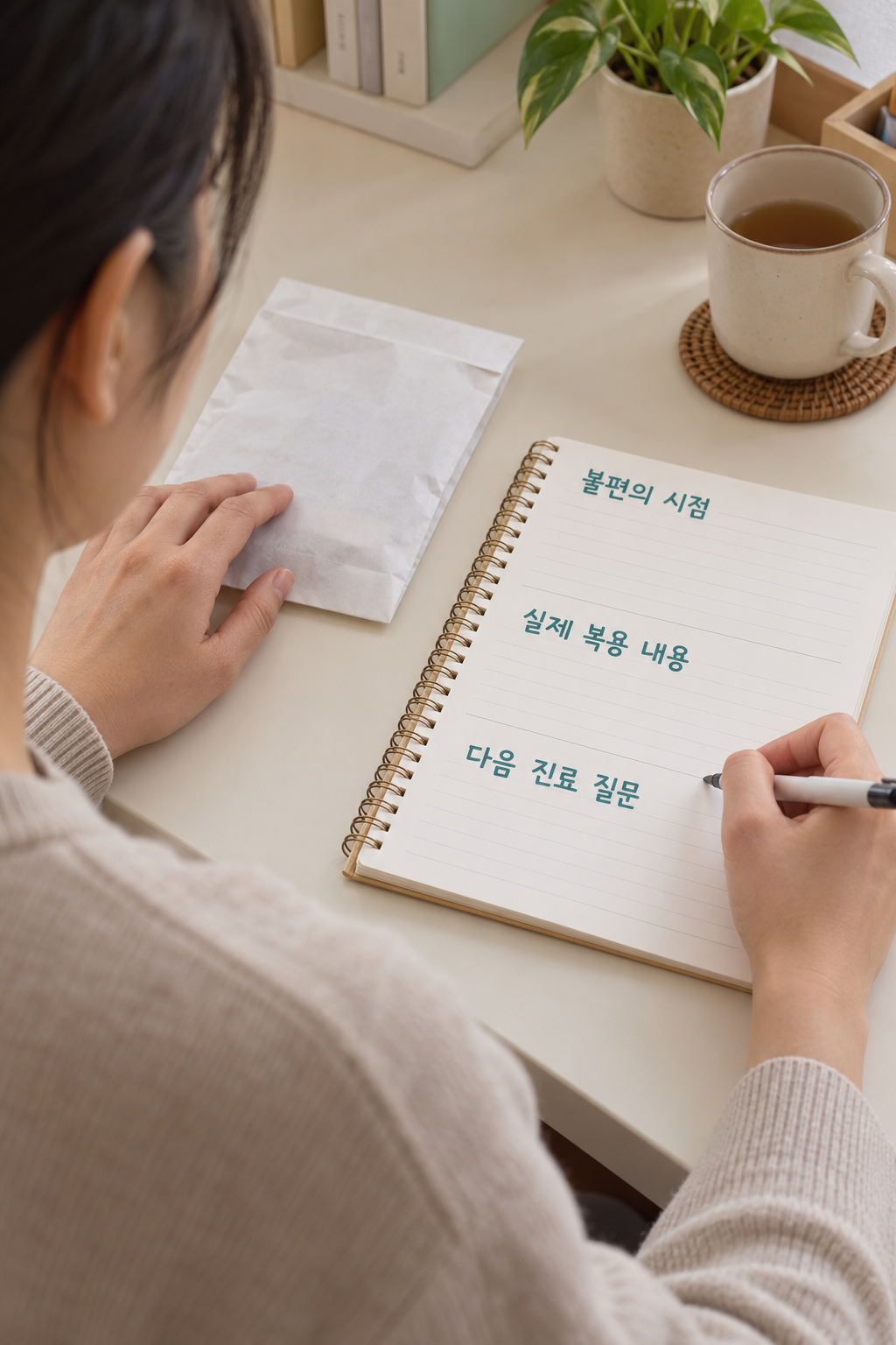 약봉투와 기록 노트를 두고 실제 복용 내용·불편의 시점·다음 진료 질문을 정리하는 손