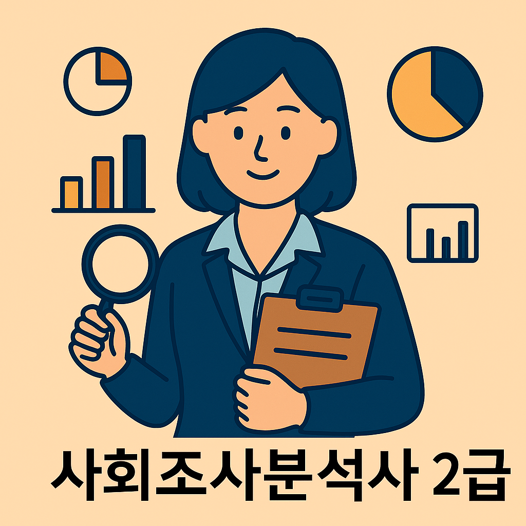 정장 차림의 여성이 클립보드와 돋보기를 들고 앉아 조사 데이터를 분석하는 모습. 뒤에는 바 차트와 원형 그래프 아이콘이 배치된 평면 벡터 스타일 일러스트로, 텍스트 없이 데이터 분석 분위기를 전달합니다.