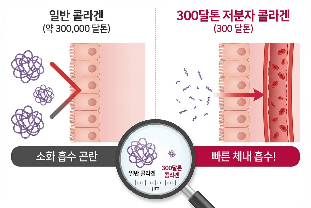 콜라겐 분자 크기 비교 인포그래픽, 일반 콜라겐과 300달톤 저분자 콜라겐의 흡수 차이를 시각화한 이미지
